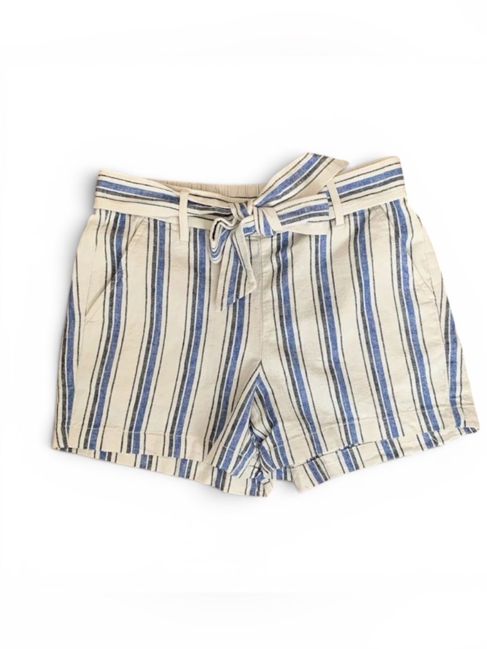 J CREW FACTORY STRPED BLUE WHITE AO865 LINEN BLEND 5” TIE FRONT PULL ON SHORTS - Picture 1 of 10